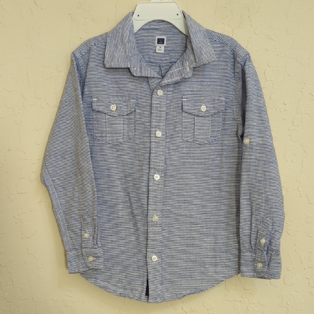 Janie and Jack Boys Blue Striped Linen Roll Tab Sleeve Button Down Shirt Size 5